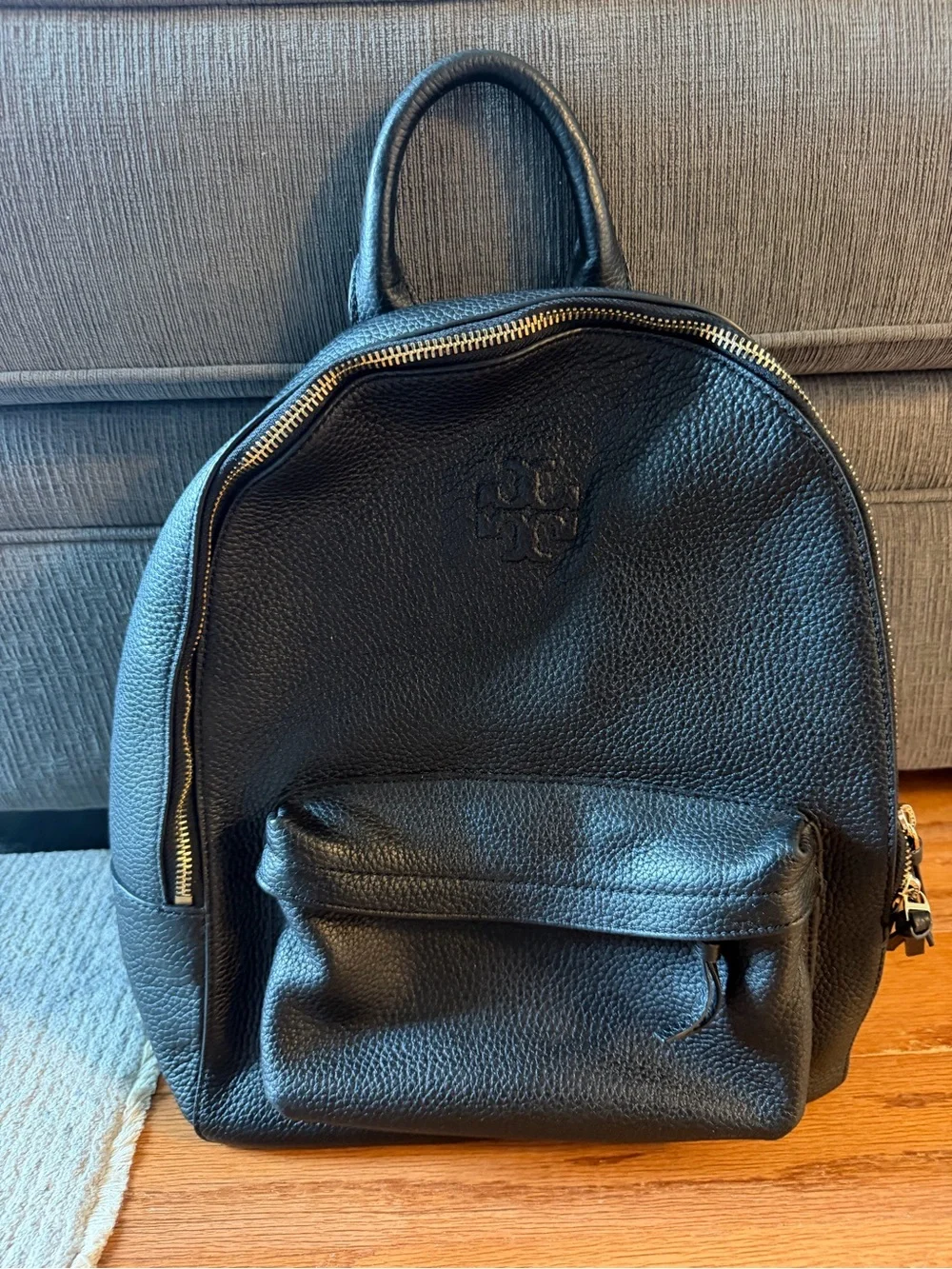 Tory Burch Black Pebbled Leather Backpack with Front Zip Pocket